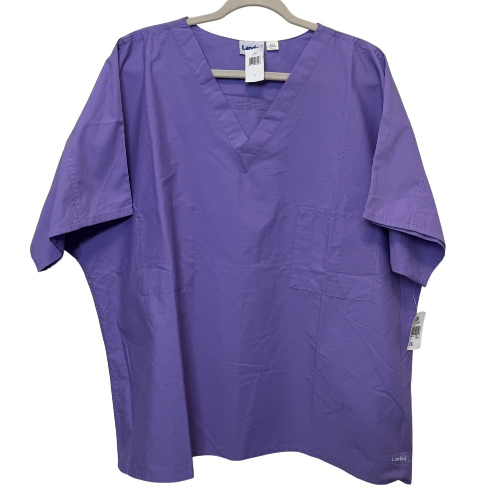 Landau Womens Scrub Top XXL Purple V-Neck Short Sleeve Pocket Medical Nursing